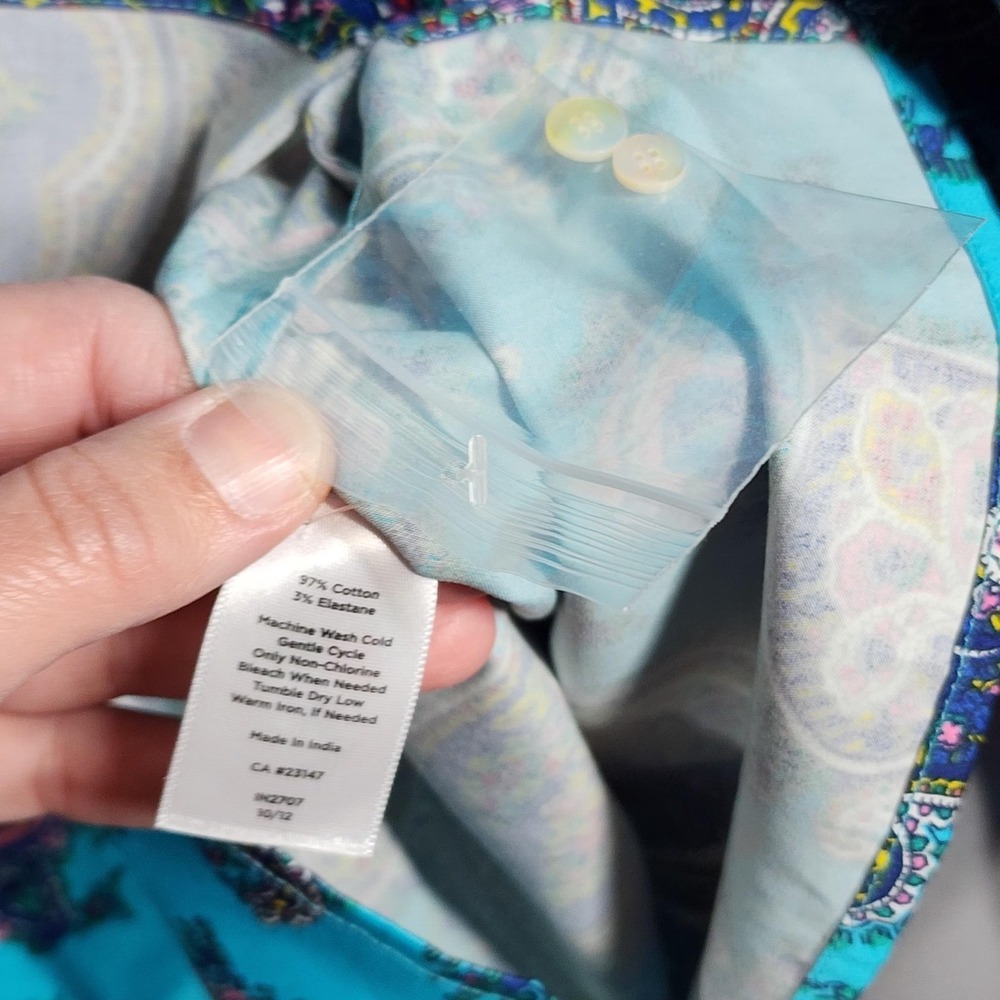 Talbots Turquoise Paisley Shirt Womens 10 12 Button Front Long Sleeve Stretch - Picture 10 of 10
